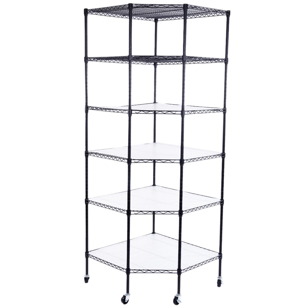 Kepooman 6 Tiers Plastic Coated Polygonal Corner Shelving with Wheels, Black Kepooman 6 Tiers Plastic Coated Polygonal Corner Shelving with Wheels, Black