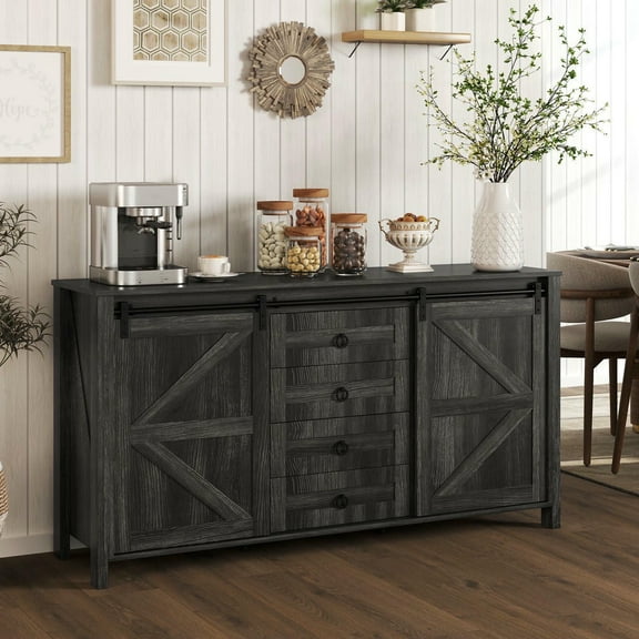 Kepooman 60" Sideboard Buffet with Sliding Barn Doors, Drawers and Adjustable Shelves, Kitchen Storage Cabinet for Kitchen, Dining Room, Distressed Dark Gray