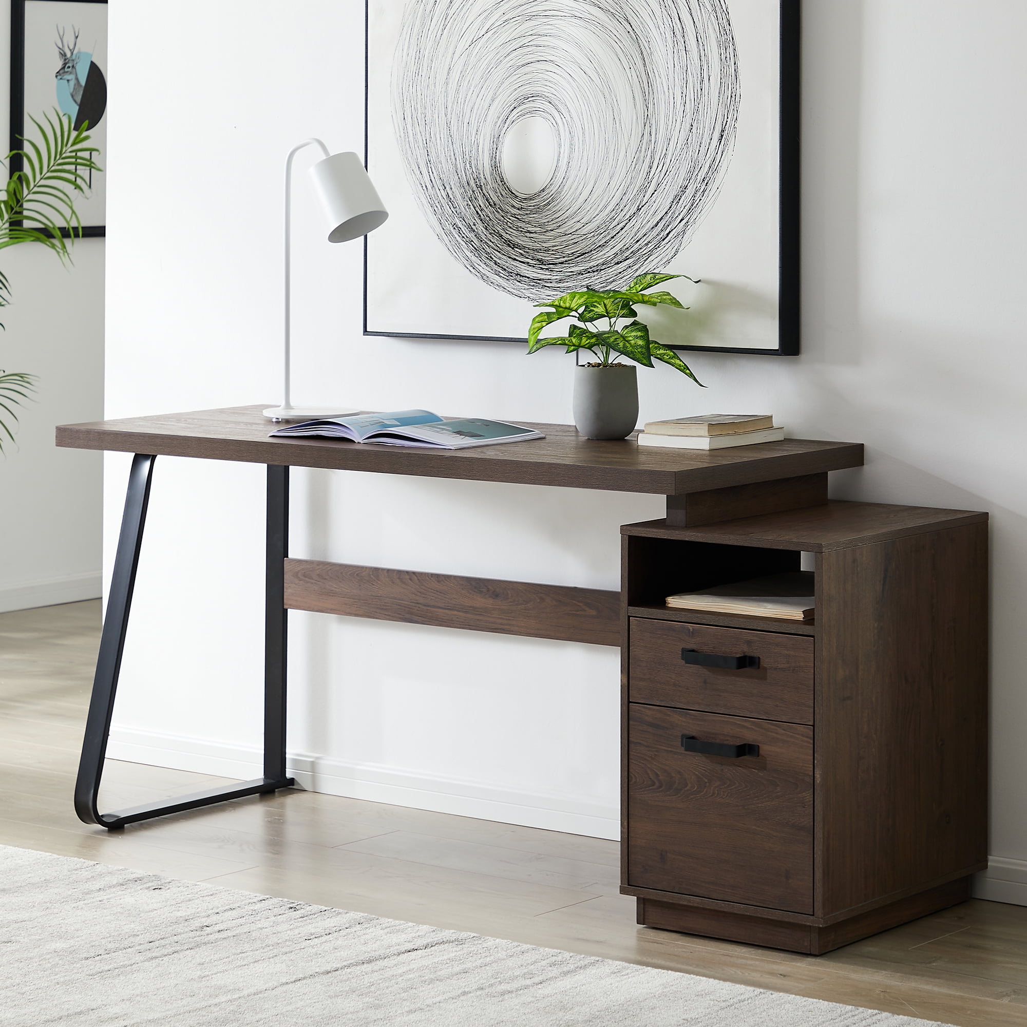 Kepooman 65" Modern MDF Computer Desk with Drawers for Hanging Letter-size Fiiles, Brown Kepooman 65" Modern MDF Computer Desk with Drawers for Hanging Letter-size Fiiles, Brown