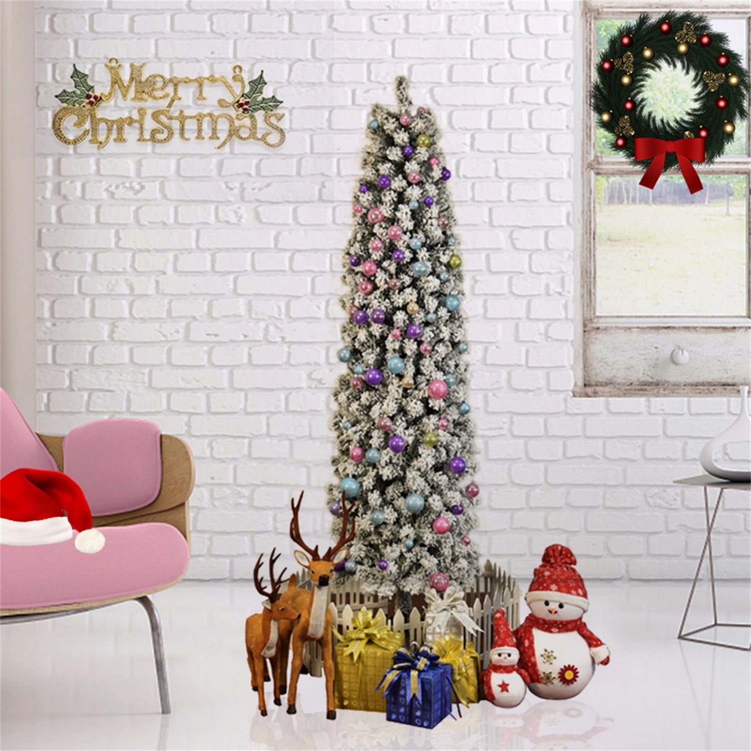 Kepooman 7.5ft Pencil Flocking Christmas Tree, White Xmas Tree, Green Kepooman 7.5ft Pencil Flocking Christmas Tree, White Xmas Tree, Green