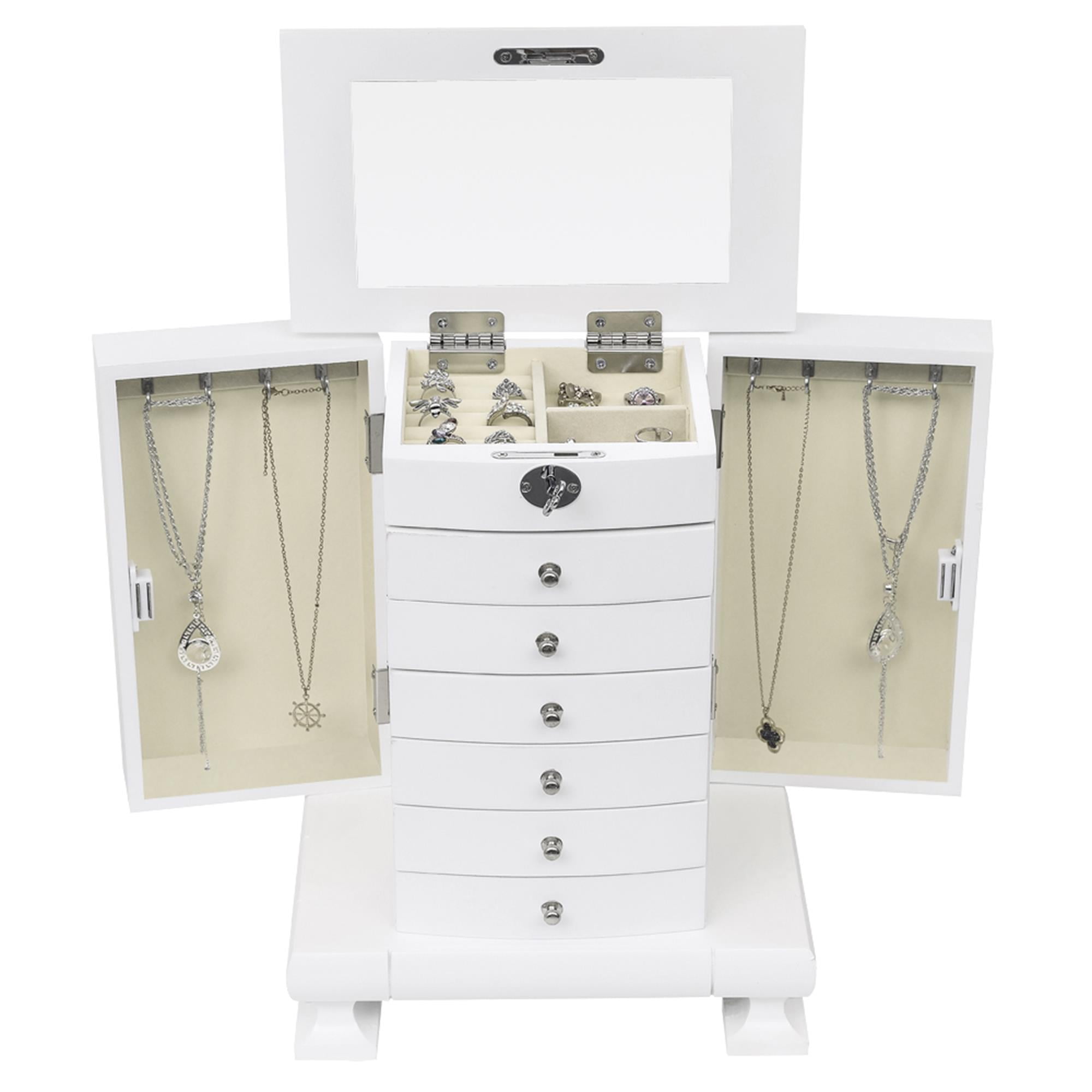 Kepooman 7 Layers Wooden Jewelry Box Case with Lock, Women' s Jewelry Display Storage Case Holder for Necklaces Rings Earrings Watches, White Kepooman 7 Layers Wooden Jewelry Box Case with Lock, Women' s Jewelry Display Storage Case Holder for Necklaces Rings Earrings Watches, White