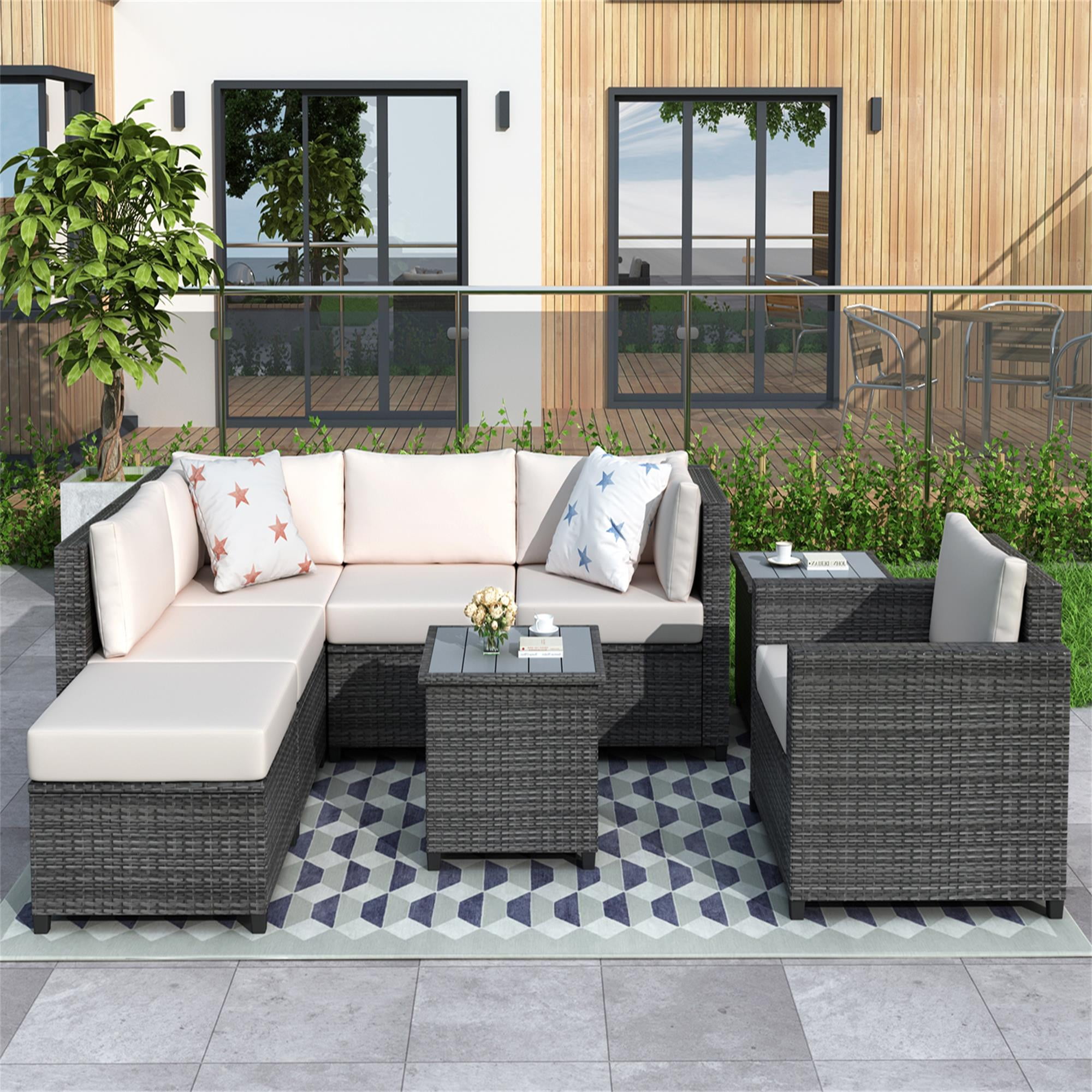 Kepooman 8 Pieces Patio Conversation Sets, Outdoor Wicker Furniture with Cushions, Beige Conversation Sofa Set Kepooman 8 Pieces Patio Conversation Sets, Outdoor Wicker Furniture with Cushions, Beige Conversation Sofa Set