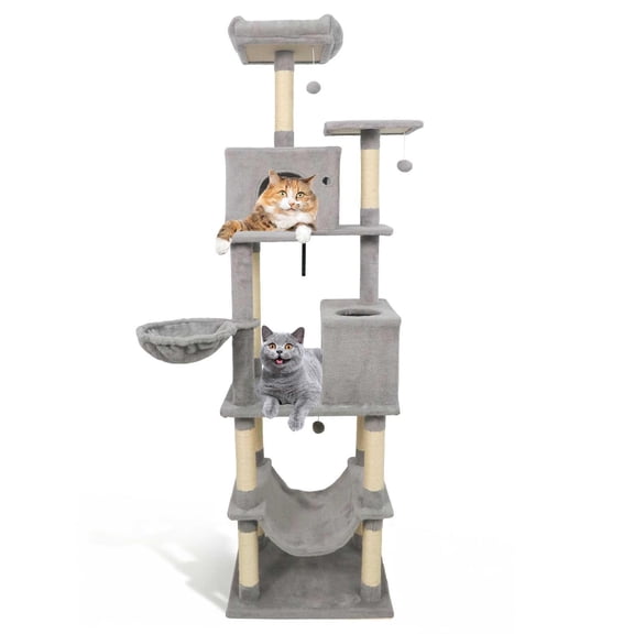 Kepooman 80 Inch Tall Cat Tree Condo, Cat Tower with 2 Large Condos and Dangling Toys, Cats Stand Rack for Indoor Cats, Light Gray