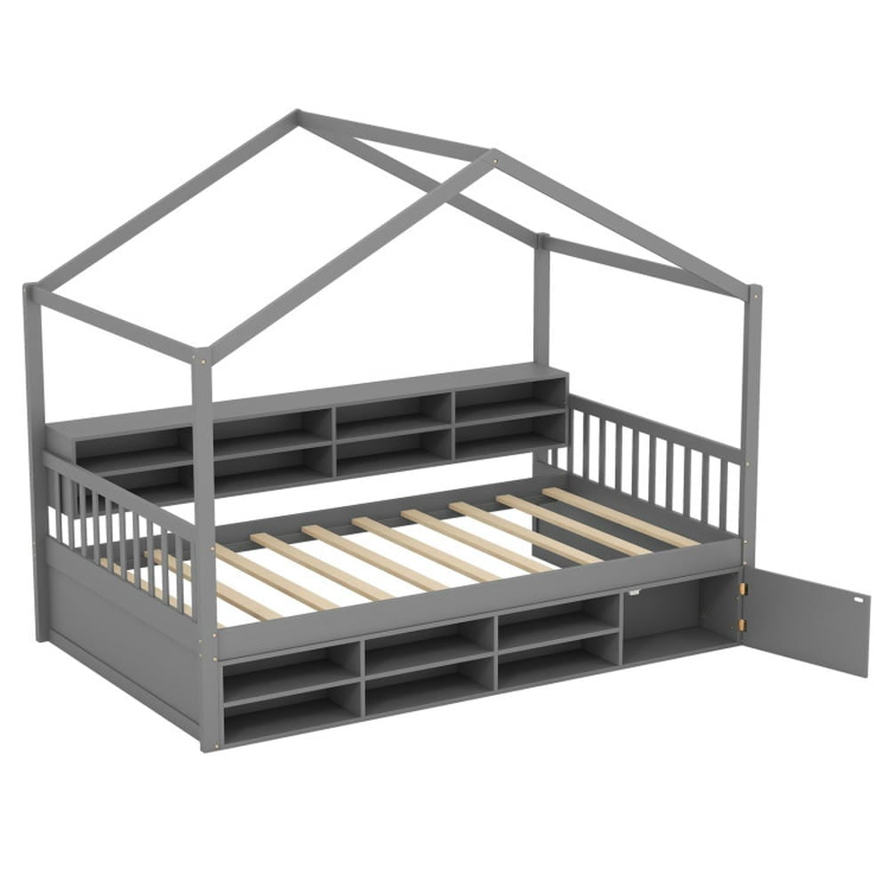 Kepooman Bed Frame, Bed Frame Mattress Foundation,Twin Size House Bed with Roof with 14 Storage Cubes and Enclosed Cabinet-Gray