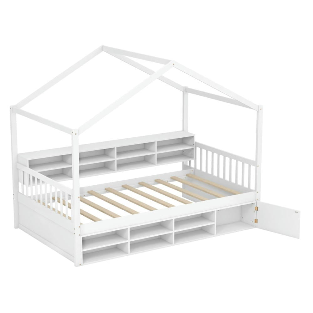 Kepooman Bed Frame, Bed Frame Mattress Foundation,Twin Size House Bed with Roof with 14 Storage Cubes and Enclosed Cabinet-White