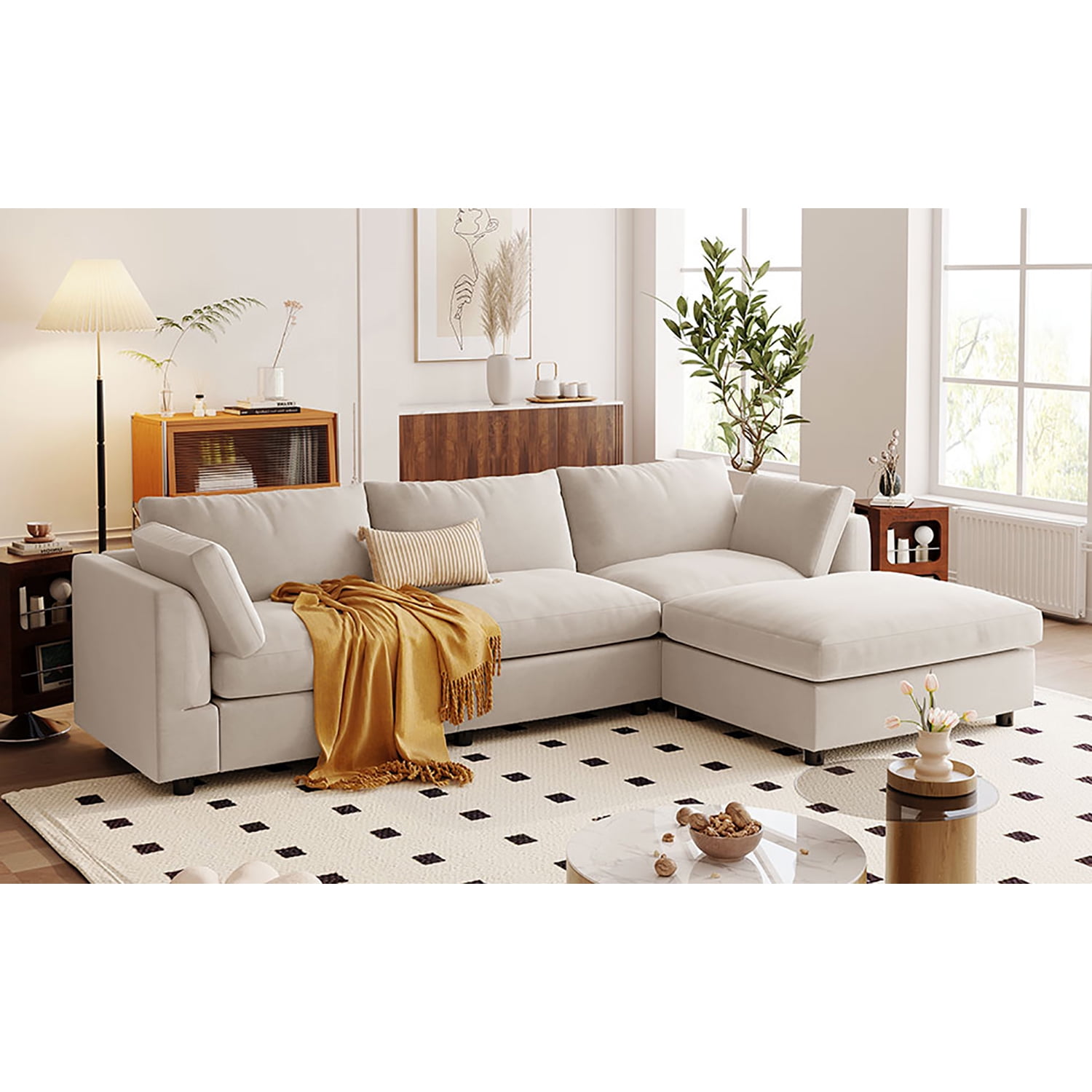 Kepooman Beige Upholstery L Shaped Convertible Sectional Sofa Couch with Reversible Chaise for Living Room, Beige Kepooman Beige Upholstery L Shaped Convertible Sectional Sofa Couch with Reversible Chaise for Living Room, Beige