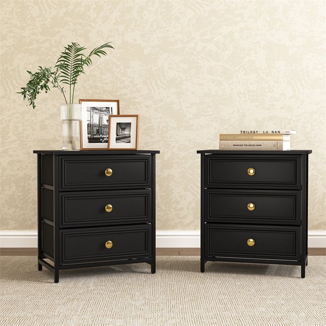 Kepooman Black Nightstand with 3 Drawers, Night Stand for Bedroom, Small Dresser with Fabric Bins, Leather Finish