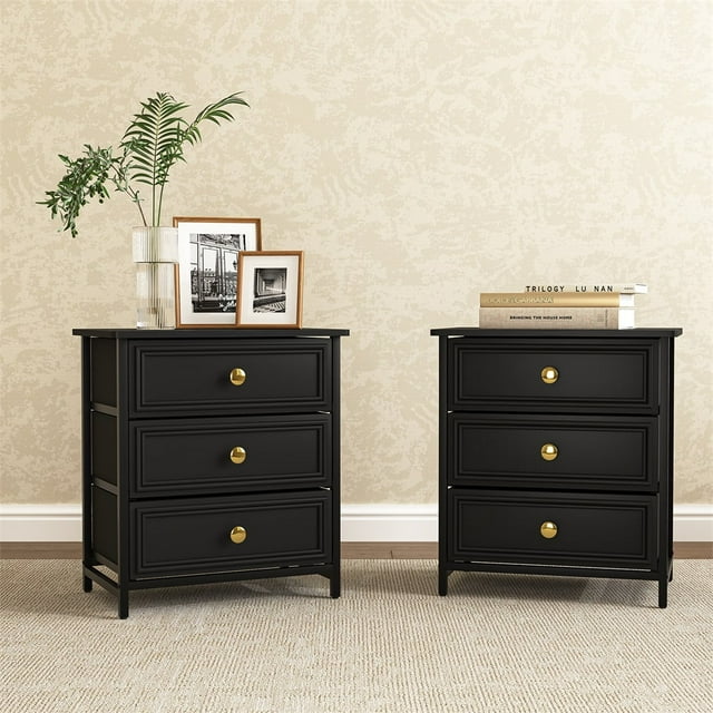 Kepooman Black Nightstand with 3 Drawers, Night Stand for Bedroom, Small Dresser with Fabric Bins, Leather Finish Kepooman Black Nightstand with 3 Drawers, Night Stand for Bedroom, Small Dresser with Fabric Bins, Leather Finish