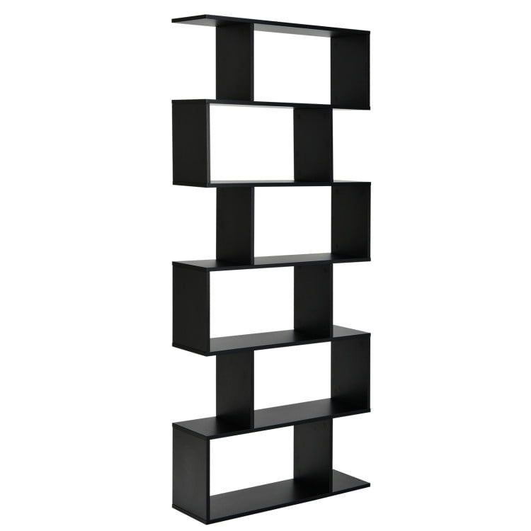 Black Tall S-Shaped Wooden 6-Tier Bookshelf