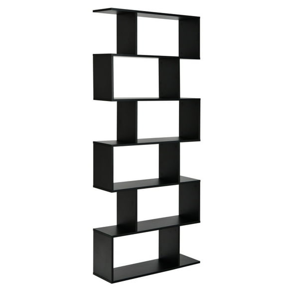 Kepooman Bookcase, Bookshelf, Display Storage Rack Shelf, 6 Tier S-Shaped Bookshelf Storage Display Bookcase Decor Z-Shelf -Black