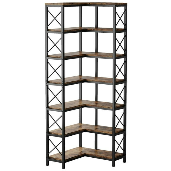 Kepooman Bookshelf, Bookcase Standing Shelf Unts,7-Tier Corner Bookshelf Corner Bookcase Storage Display Rack, Brown