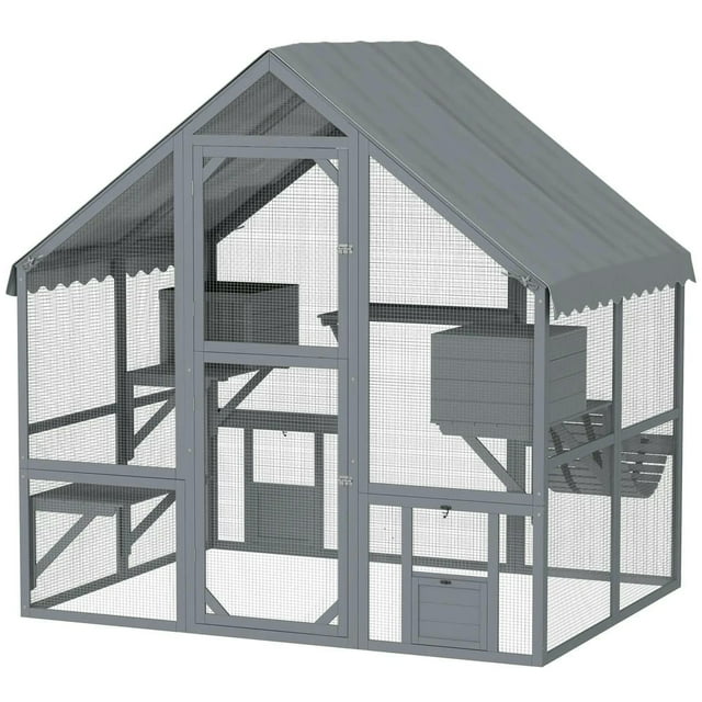 Kepooman Cat House, Cat Catio,Outdoor Cat Enclosure with Waterproof Cover, 2 Condos, 4 Platforms, Bridge, Doors, Gray