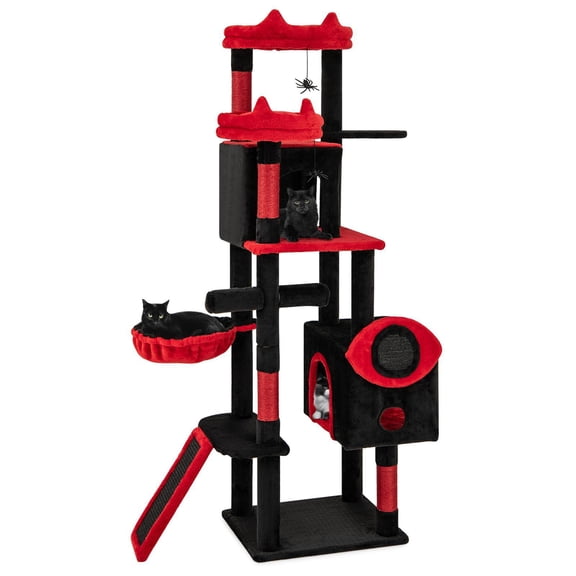 Kepooman Cat Tree Condo with Cat Condos and Plush Perches, Large Gothic Cat Tower, Cats Stand Rack for Indoor Cats, Black & Red