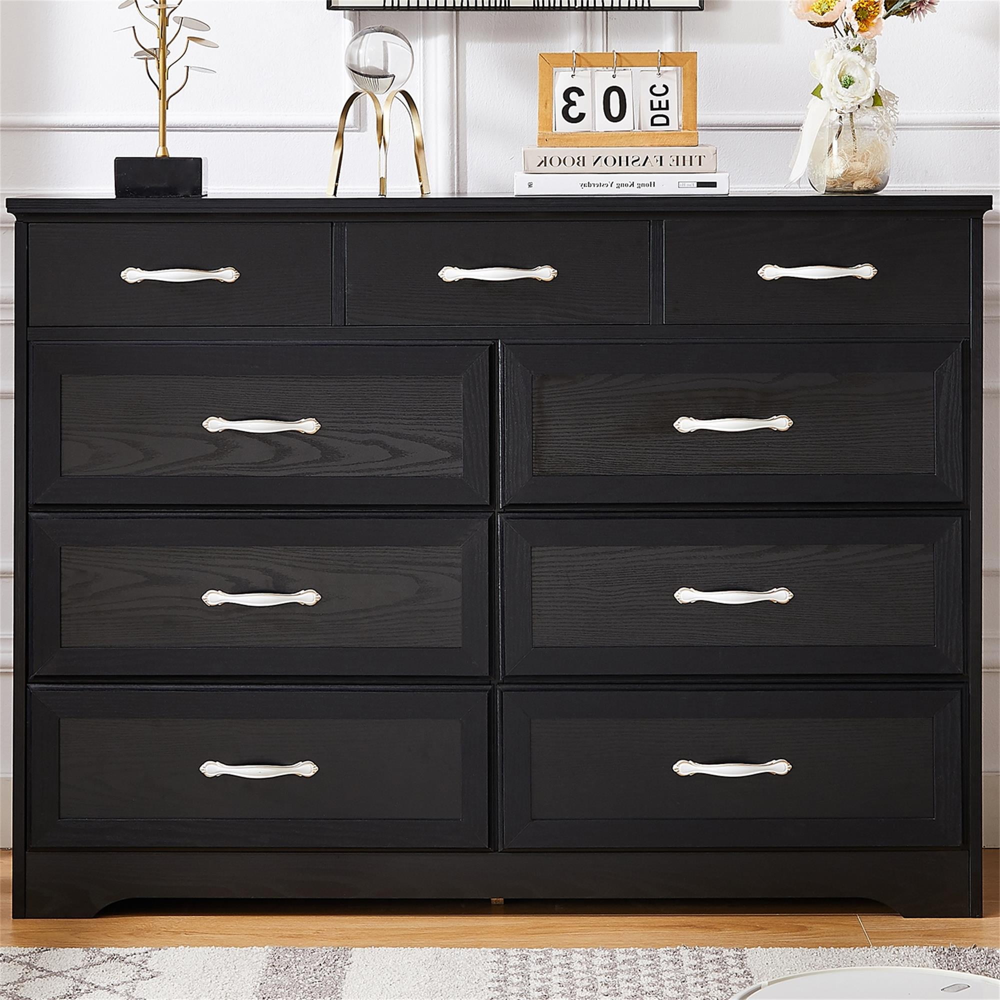 Kepooman Chest Of Drawers, 9 Drawer Long Dresser with Antique Handles