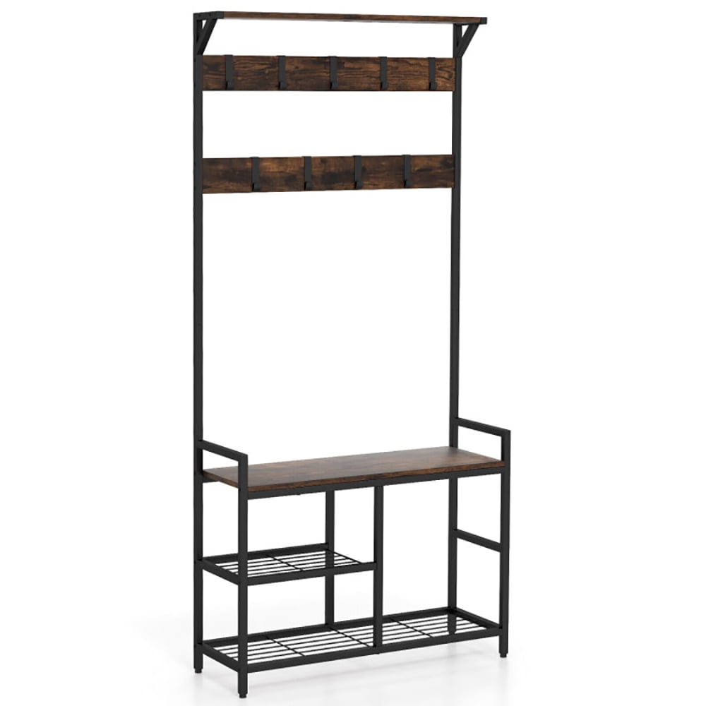 Rustic Brown and Black Hall Tree with Storage Bench and Hooks