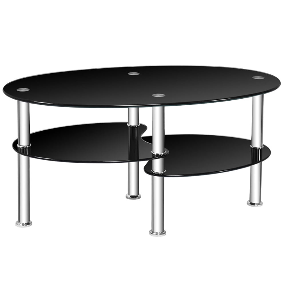 Black Oval Tempered Glass Coffee Table with Metal Legs