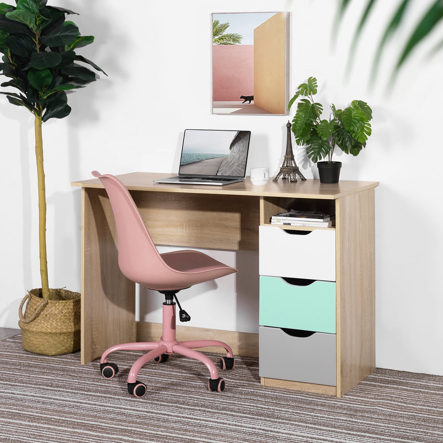 Kepooman Computer Desk/ Dining Table, Office Desk Sturdy Writing Workstation with 3 drawers for Home Office, Wood Color Kepooman Computer Desk/ Dining Table, Office Desk Sturdy Writing Workstation with 3 drawers for Home Office, Wood Color