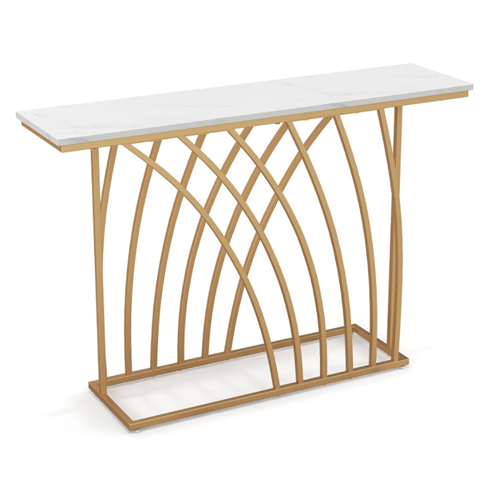 Kepooman Console Table, Sofa Table, Narrow Entryway Table,48 Inch Gold Console Table with White Faux Marble Tabletop-White Kepooman Console Table, Sofa Table, Narrow Entryway Table,48 Inch Gold Console Table with White Faux Marble Tabletop-White