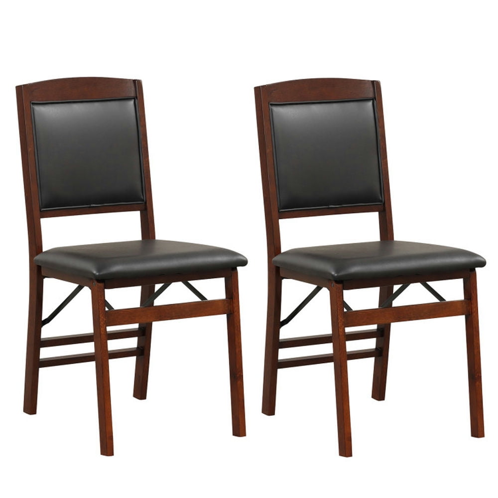 Walnut and Black Leather Folding Parsons Side Chairs, Set of 2