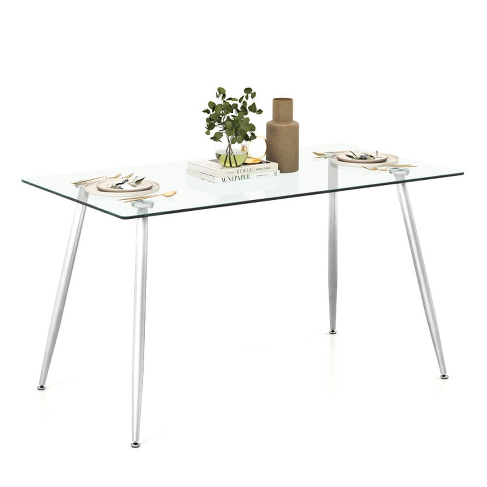 Modern Clear Glass Rectangular Dining Table with Silver Metal Legs