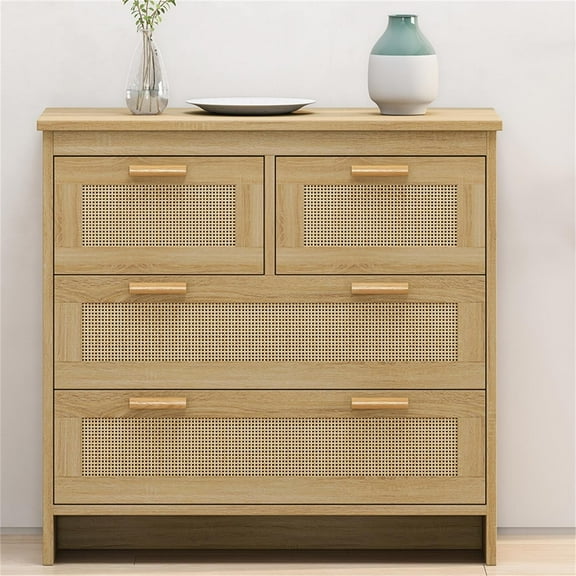 Kepooman Drawers Dresser, Rattan Cabinet with 4 Drawers, Accent Storage Cabinet for Living Room, Hallways, Natural