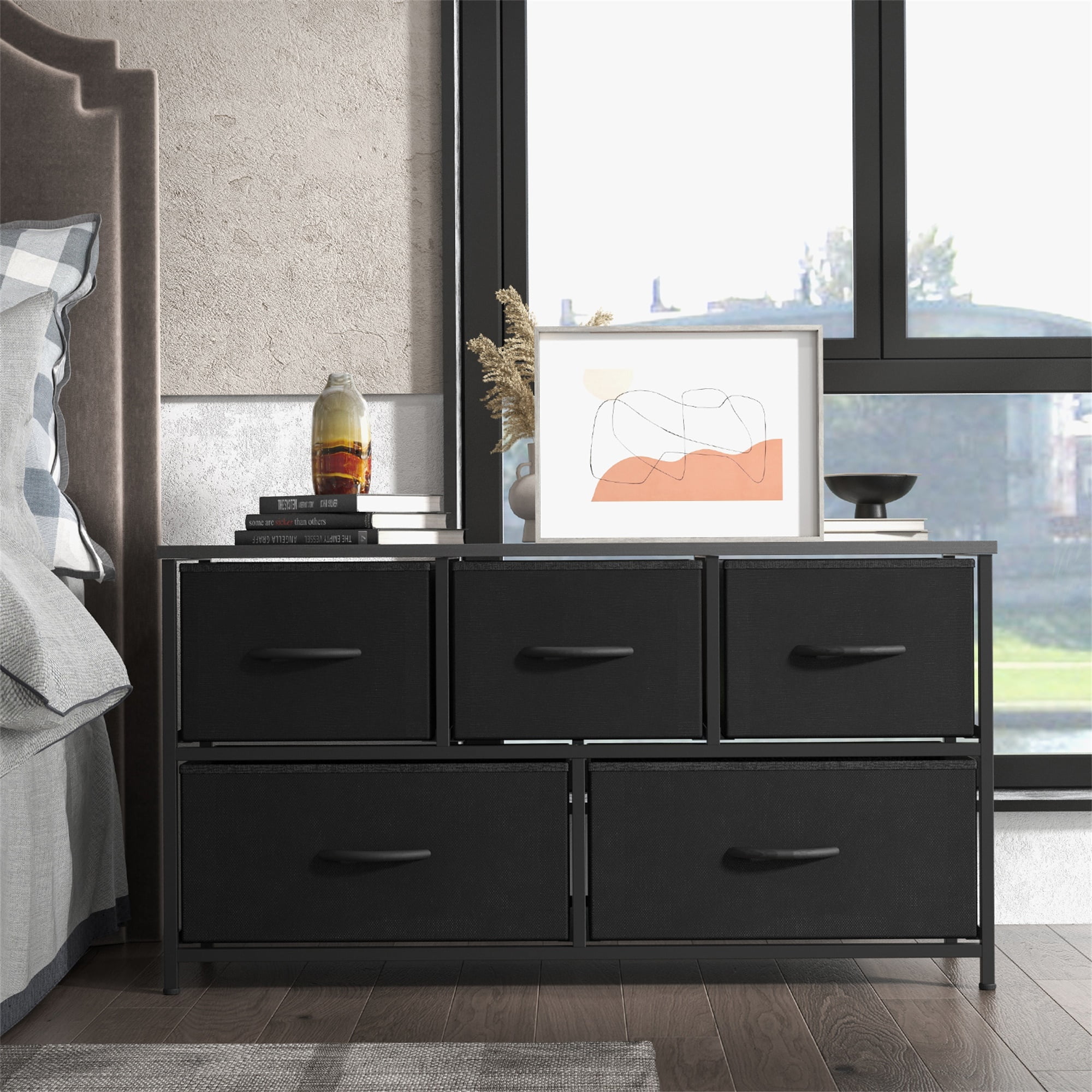 Kepooman Dresser for Bedroom with 5 Drawers, Wide Chest of Drawers, Furniture Storage Tower Unit, Storage Cabinet，Storage Organizer Unit with Fabric Bins for Living Room, Hallway, Black