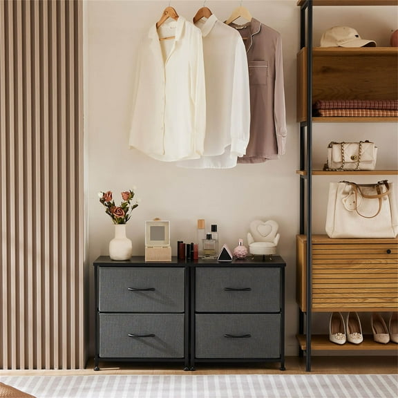 Kepooman End Table with 2 Drawers for Bedroom,Bedside Nightstand, Storage Organizer Furniture, Fabric Cabinet Wood Top, Lightweight Chest of Drawers, Mini Dresser for Clothes, Closet, Dorm, Gray