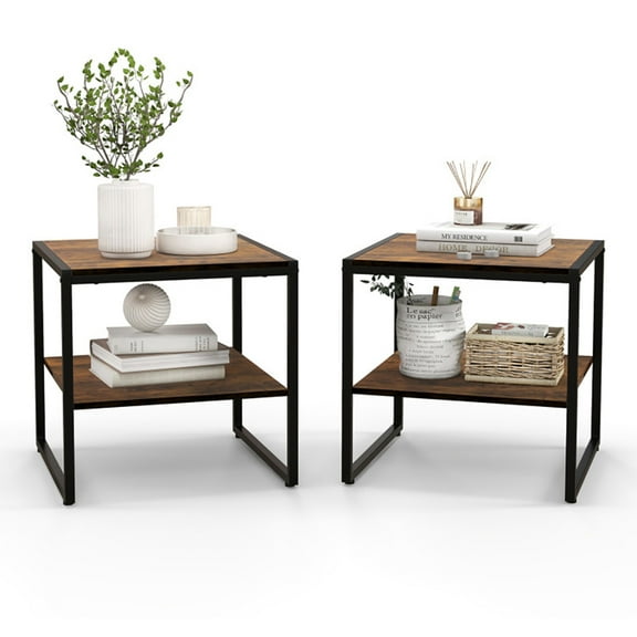 Kepooman End Tables,Side End Table,Nightstand,2 Pieces Industrial 2-Tier Side Table Set with Open Shelf-Rustic Brown