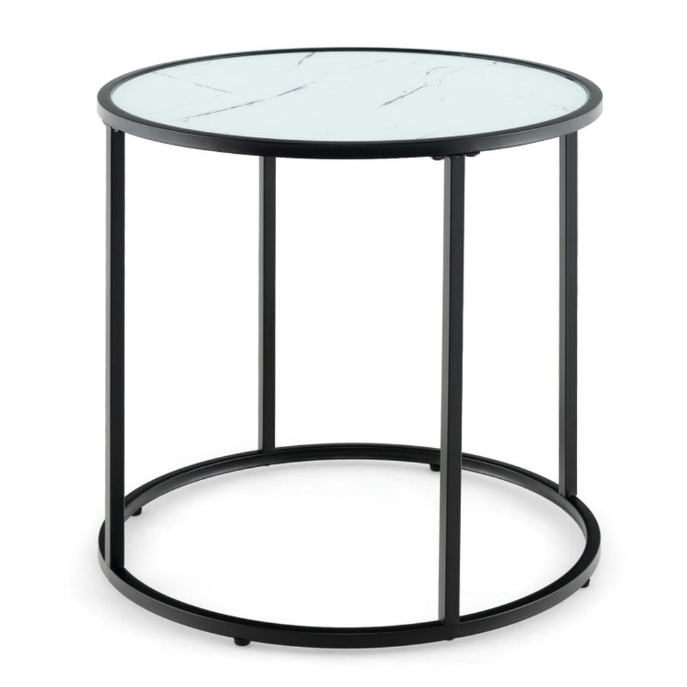 20" Round Black Metal Frame Side Table with Faux Marble Glass Top