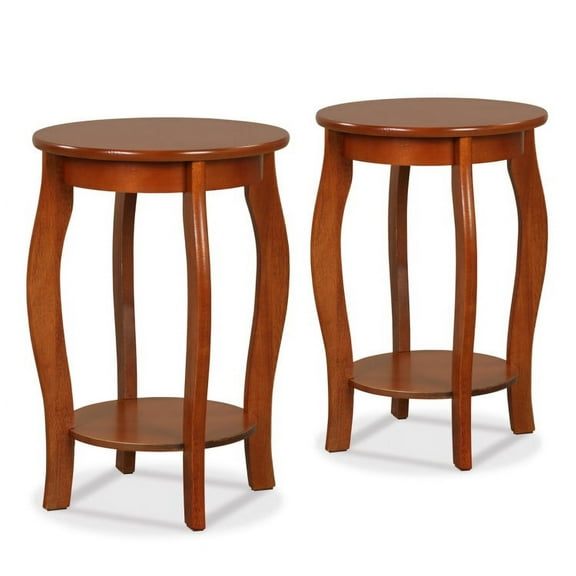 Kepooman End Tables,Side End Table,Nightstand,Set of 2 15 Inch 2-Tier Round End Table with Storage Shelf-Walnut