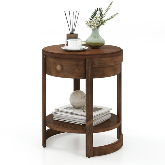 Kepooman End Tables,Side Tables,2-Tier Round End Table Mid Century Modern Nightstand with Drawer and Shelf