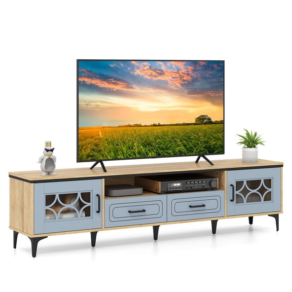 Kepooman Farmhouse Entertainment Center TV Stand with 2 Drawers for TVs up to 80 Inch, TV Stand for Living Room, Home Office, Oak & Gray
