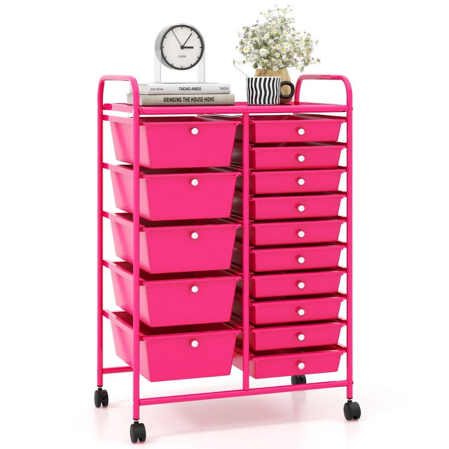 Hot Pink Steel Frame 15-Drawer Rolling Storage Cart