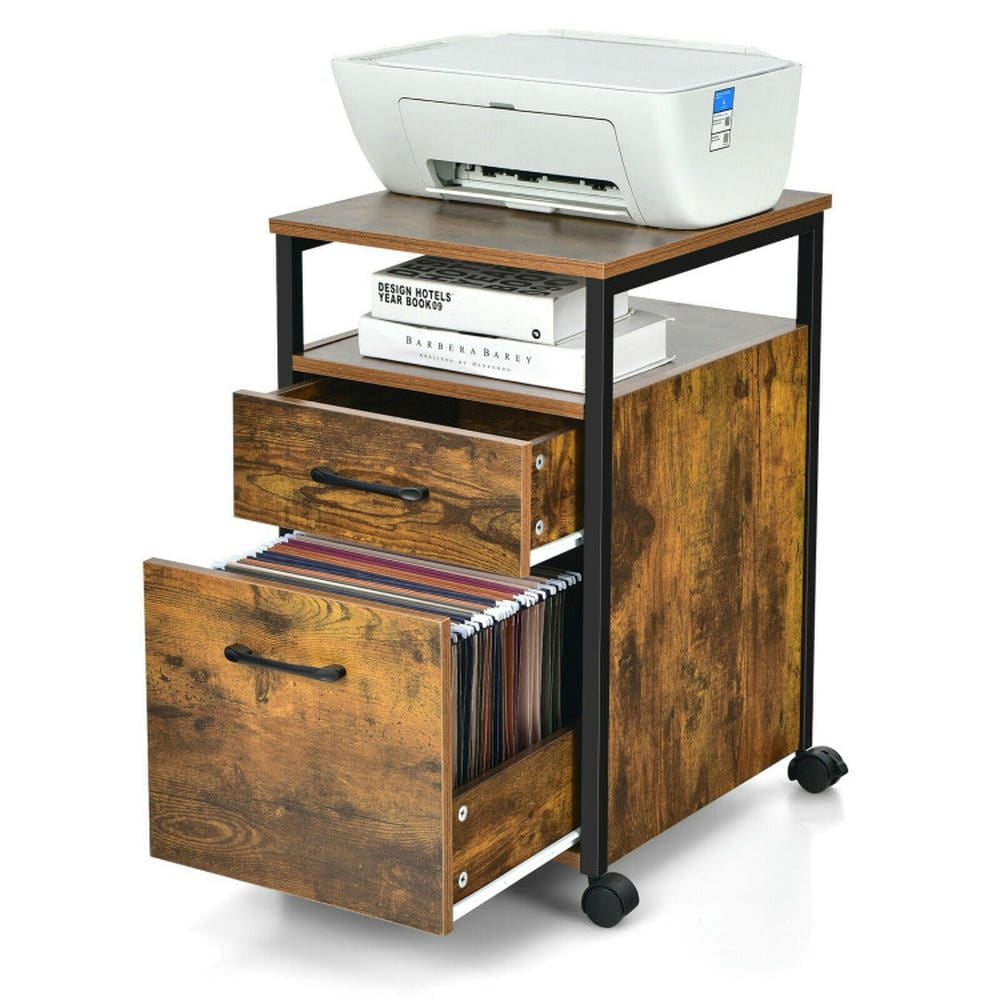 Rustic Brown 2-Drawer Mobile File Cabinet with Open Shelf