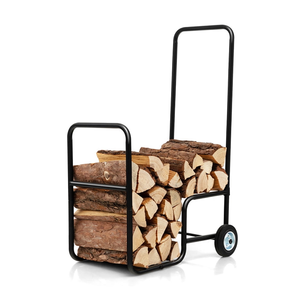 Black Steel Firewood Log Carrier with Rubber Wheels