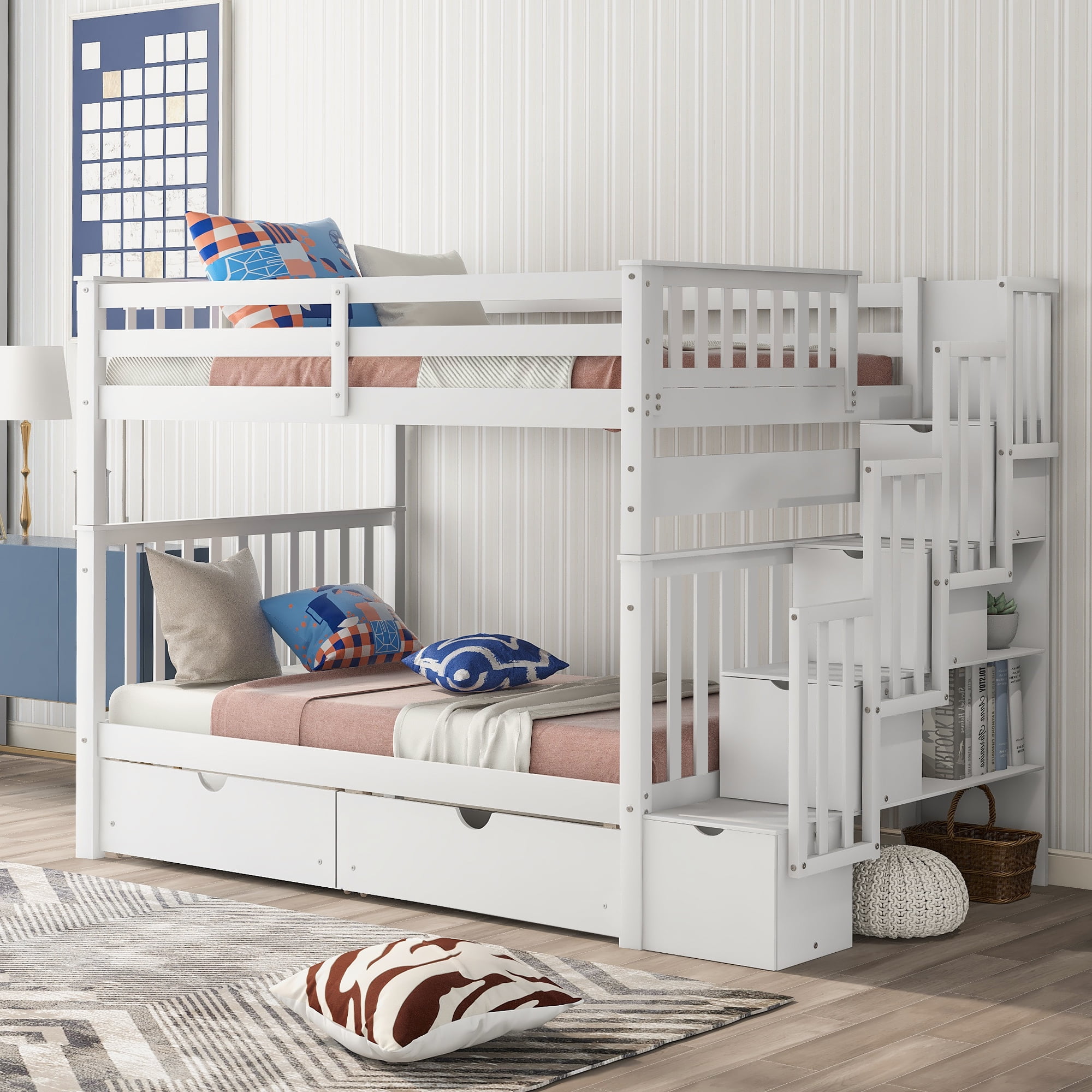 Kepooman Full Over Full Modern Wooden Bunk Bed with Shelves & 6 Storage Drawers, 96.8" * 56.7" * 67", White Kepooman Full Over Full Modern Wooden Bunk Bed with Shelves & 6 Storage Drawers, 96.8" * 56.7" * 67", White