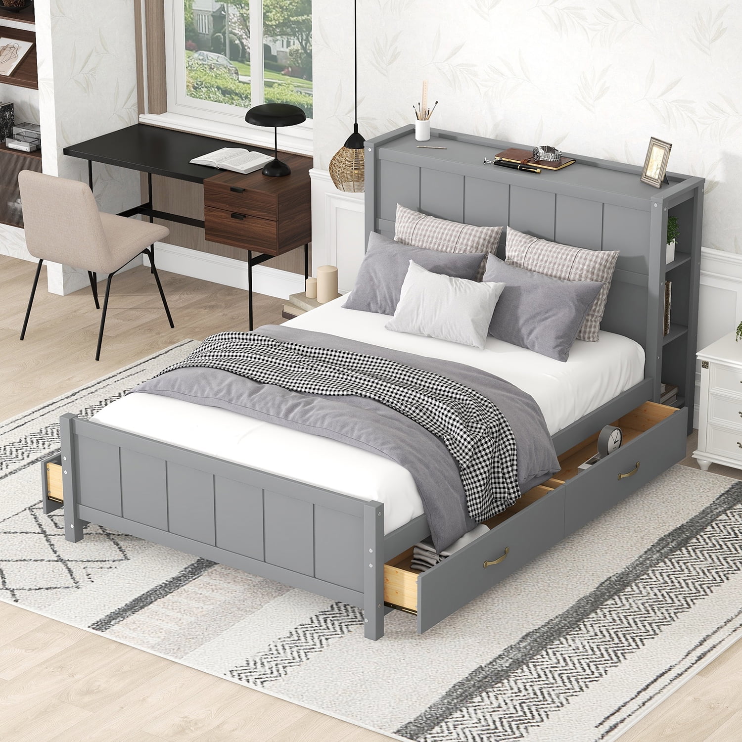 Kepooman Full Size Platform Bed Wood Bed Frame with Drawers and Storage Shelves, Grey Kepooman Full Size Platform Bed Wood Bed Frame with Drawers and Storage Shelves, Grey