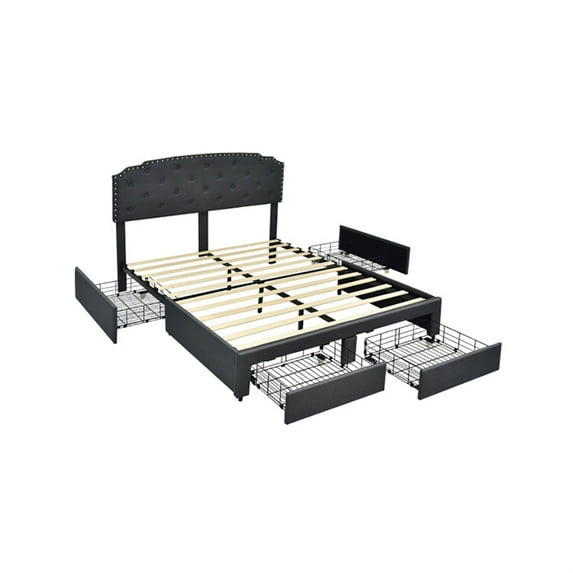 Kepooman Full size Bed Frame, Platform Bed Frame with 4 Storage Drawers, Platform Bed with Adjustable Headboard