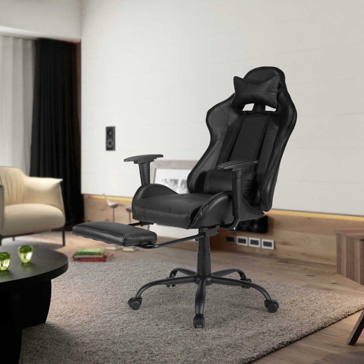 Kepooman Gaming Chair, Reclining Ergonomic Chair with Retractable Footrest - Black Kepooman Gaming Chair, Reclining Ergonomic Chair with Retractable Footrest - Black