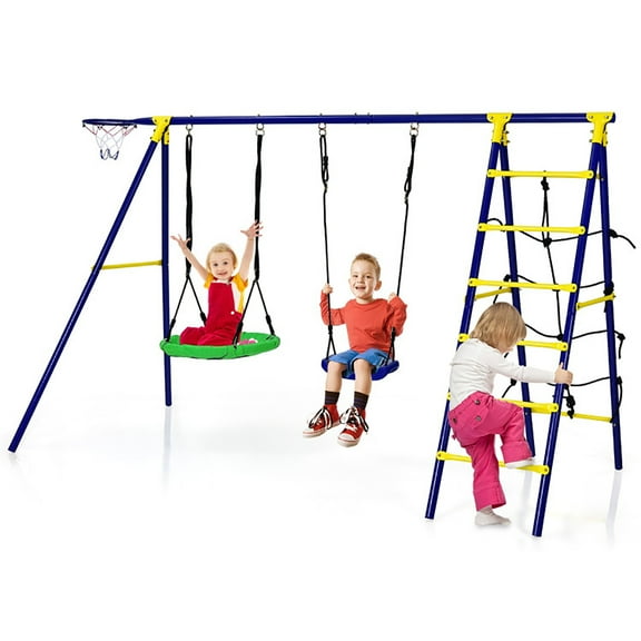 Kepooman Hanging Swing, Patio Swing, 5-In-1 Outdoor Kids Swing Set with A-Shaped Metal Frame and Ground Stake