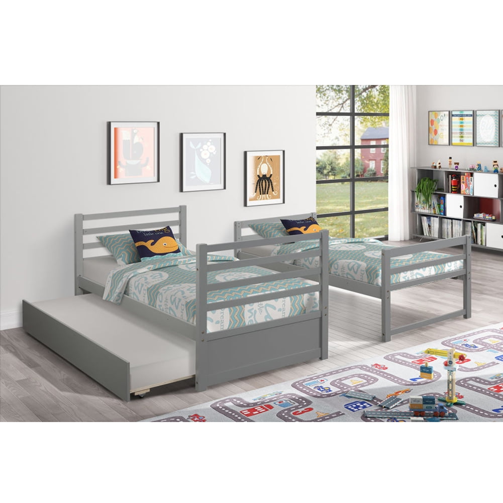 Kepooman Home Detachable Twin Bunk Bed with Trundle, Ladder and Safety Rail for Children, Easy to Use, Grey Kepooman Home Detachable Twin Bunk Bed with Trundle, Ladder and Safety Rail for Children, Easy to Use, Grey