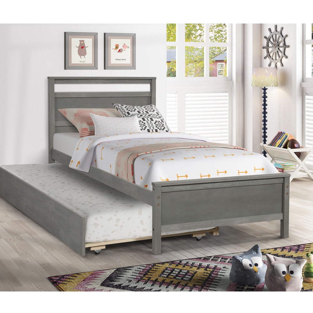 Kepooman Home Twin Platform Sleigh Bed Frame with Trundle and Headboard for Bedroom Study Room, Easy to Use, Gray Kepooman Home Twin Platform Sleigh Bed Frame with Trundle and Headboard for Bedroom Study Room, Easy to Use, Gray