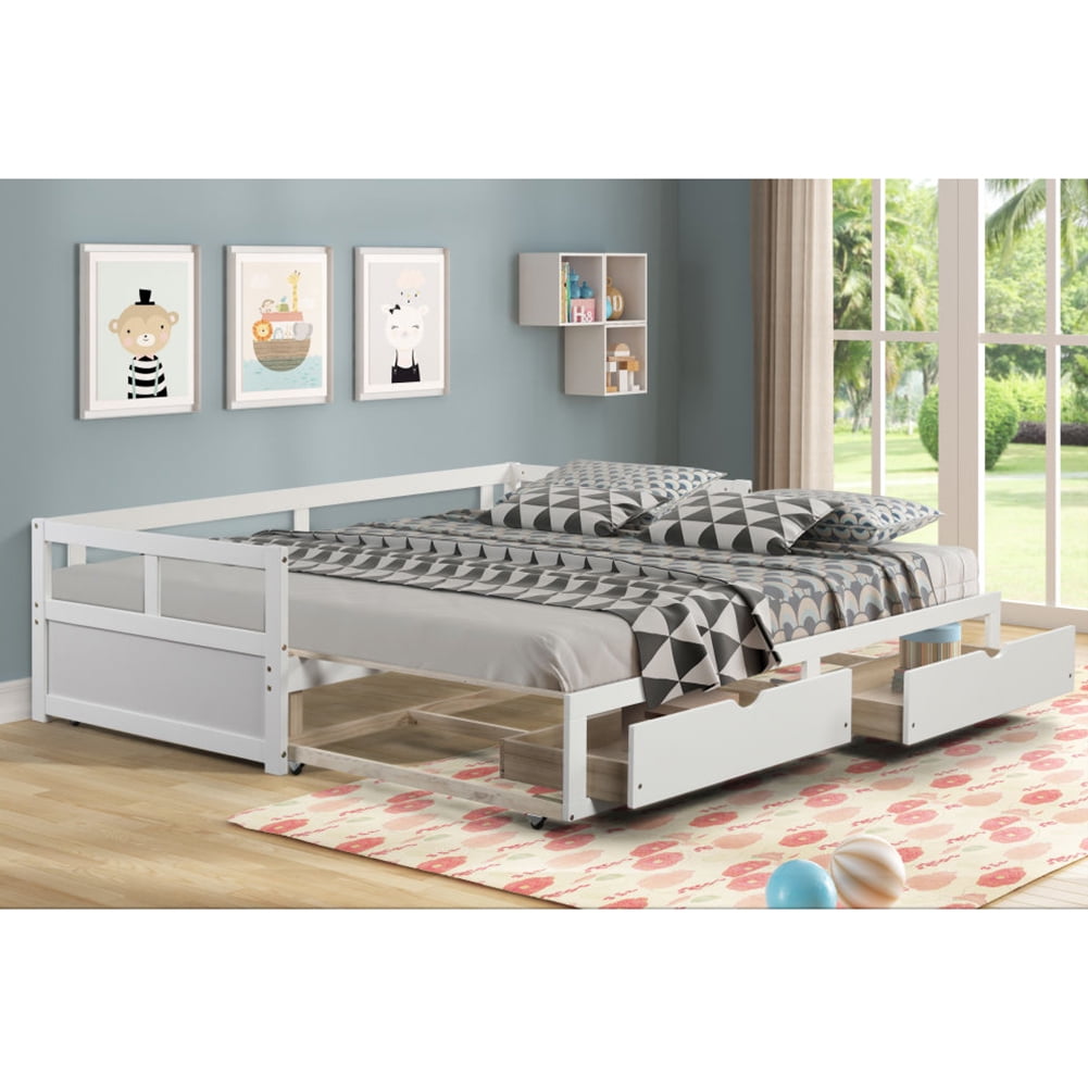 Kepooman Home Wooden Full Daybed Bed Frame with Two Storage Drawers for Bedroom Study Room, White Kepooman Home Wooden Full Daybed Bed Frame with Two Storage Drawers for Bedroom Study Room, White