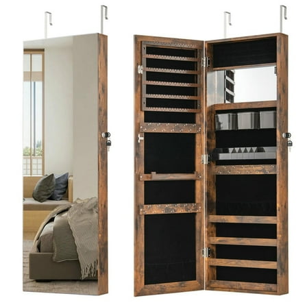 Kepooman Jewelry Cabinet, Jewelry Armoire, 43.5 Inch Jewelry Mirror Cabinet with Full-length Mirror and Adjustable Hangers-Rustic Brown