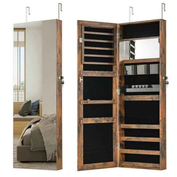 Kepooman Jewelry Cabinet, Jewelry Armoire, 43.5 Inch Jewelry Mirror Cabinet with Full-length Mirror and Adjustable Hangers-Rustic Brown