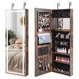 Kepooman Jewelry Cabinet, Jewelry Armoire Organizer,Mirrored Jewelry Armoire with Full Length Mirror and 2 Internal LED Lights-Rustic Brown