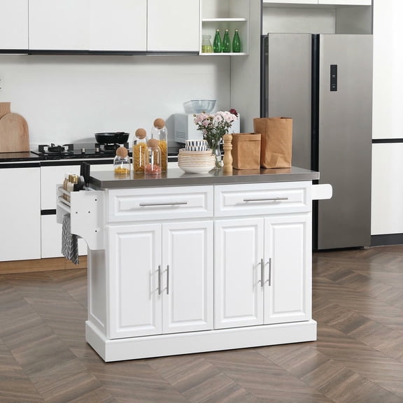 Kepooman Kitchen Island Cart with Wheels, Serving Utility Carts with Stainless Steel Top, Adjustable Shelves, 2 Drawers, Spice, Knife and Towel Rack, White