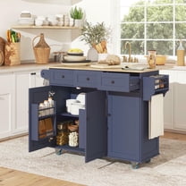 Kepooman Kitchen Island Cart with Drop Leaf and Charging Station, Serving Utility Carts with Wood Top, Adjustable Shelf for Dining Room, Blue