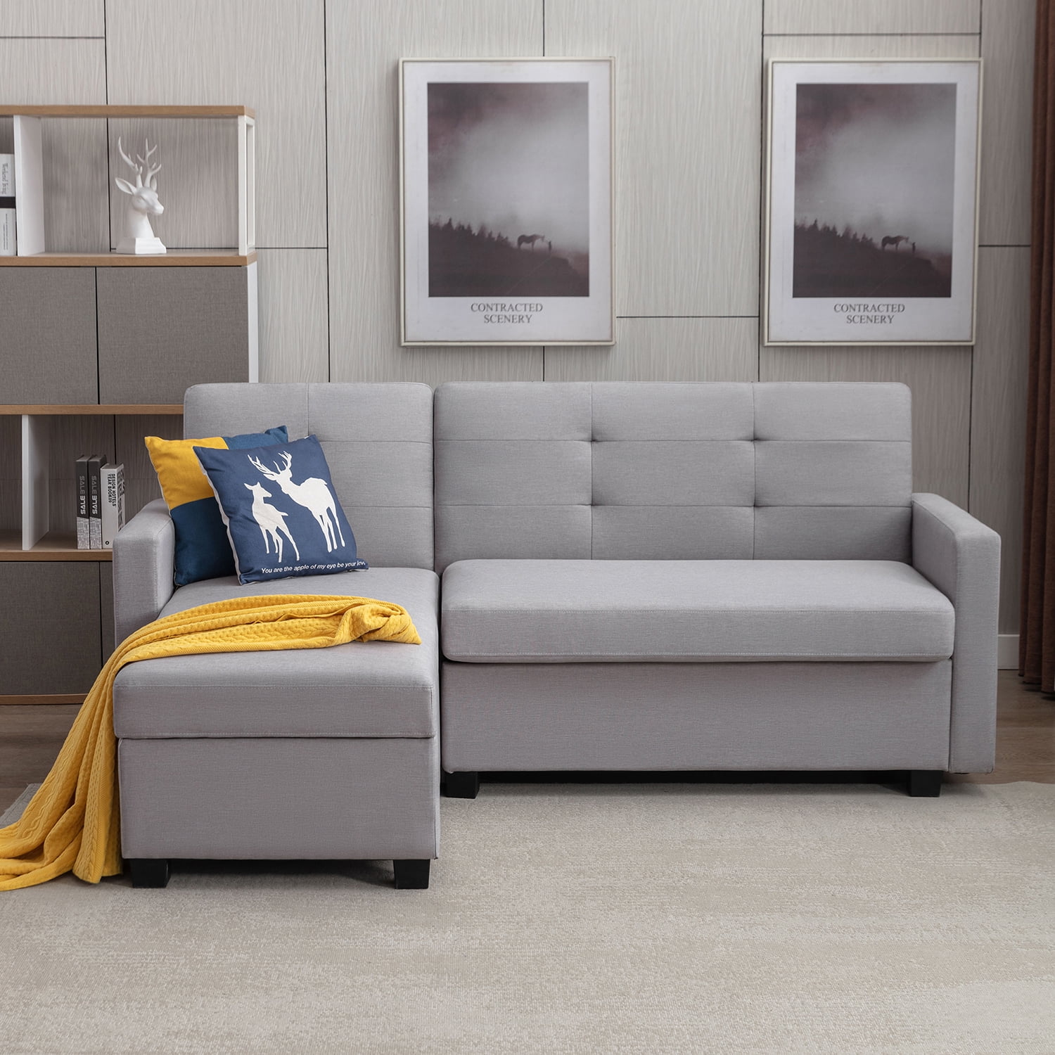 Kepooman L-Shape Convertible Couch Bed, 78.3" Sofa Bed with Storage Chaise, Linen Pull Out Couch Bed for Office, Light Gray Kepooman L-Shape Convertible Couch Bed, 78.3" Sofa Bed with Storage Chaise, Linen Pull Out Couch Bed for Office, Light Gray