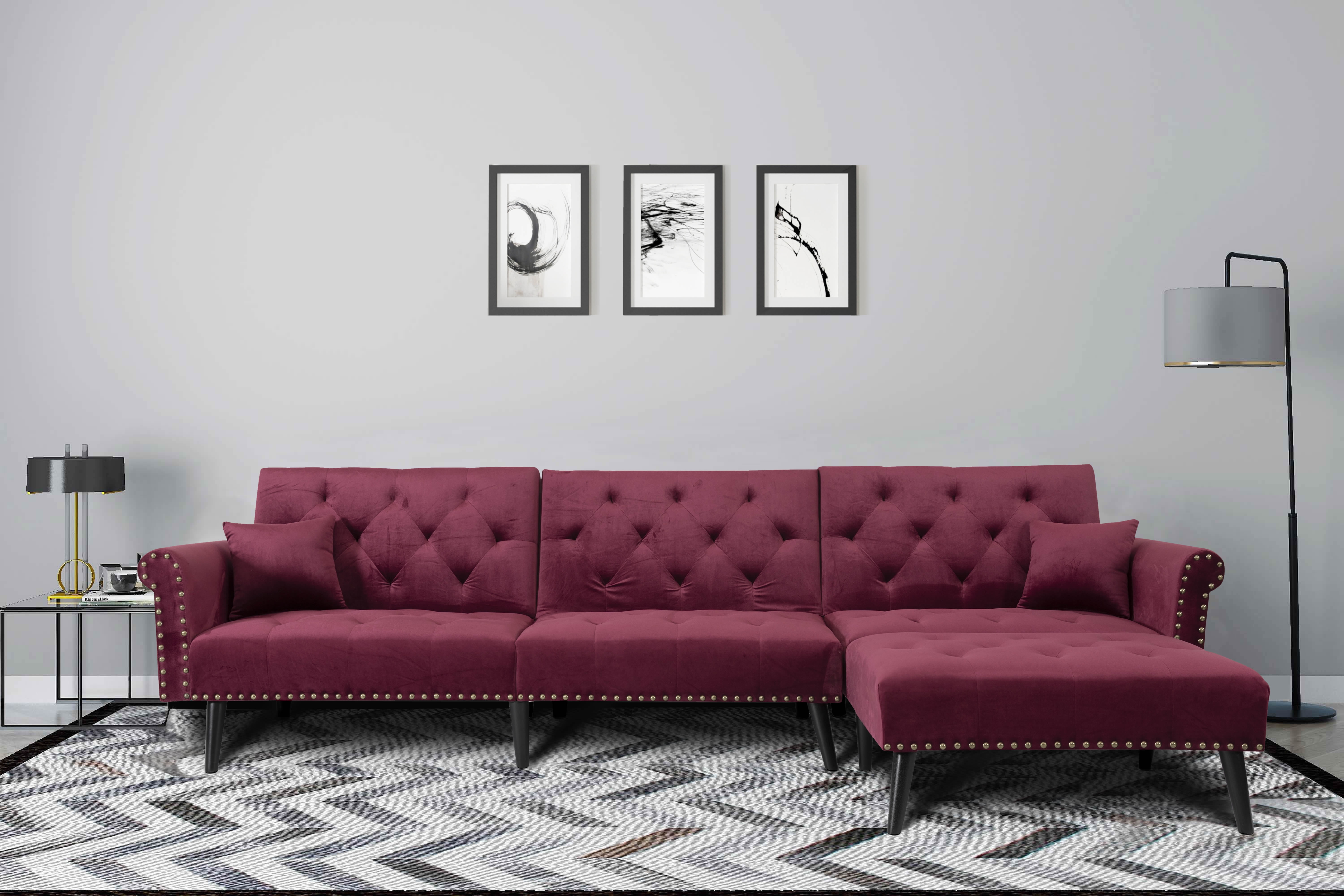 Kepooman L-Shaped Sectional Sofa, Wine Red Polyester, Convertible Sofa Bed with Solid Wood Legs, Futon Sofa Bed for Living Room, Sleeper Sofa Kepooman L-Shaped Sectional Sofa, Wine Red Polyester, Convertible Sofa Bed with Solid Wood Legs, Futon Sofa Bed for Living Room, Sleeper Sofa